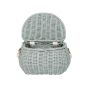 Olli ella natural rattan mini chari bag in the vintage blue colour with the lid open on a white background