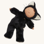 Olli Ella Cozy Dinkums - Black Cat Nox lays on its back on a plain background.