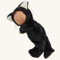 Olli Ella Cozy Dinkums - Black Cat Nox lays on its side on a plain background.