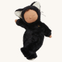 Olli Ella Cozy Dinkums - Black Cat Nox lays on its back with its legs crossed on a plain background.