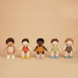 Olli Ella dinkum doll soft toys stood in a line on a beige background wearing the eco-friendly doll shoe accessories