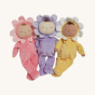 Lavender Pickle, Buttercup Pip and Fuchsia Twinkle all sat sleepily together on a cream background