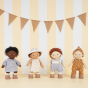 4 Olli Ella dinkum dolls stood on a striped cream background wearing accessory outfits