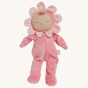 Olli Ella Dozy Dinkum Doll - Fucshia Twinkle in a soft velvet petal pink onsie, sleepy eyes and a brown tuft of hair, on a cream background