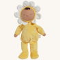 Olli Ella Dozy Dinkum Doll - Buttercup Pip in a soft velvet petal yellow onsie, sleepy eyes and a brown tuft of hair, on a cream background