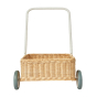 Front of the Olli Ella kids natural rattan baby walker trolley on a white background