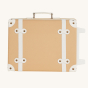 Olli Ella Kids See-Ya Suitcase in a Butterscotch beige colour on it's side pictured on a plain background