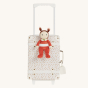 Olli Ella See-Ya Suitcase with a Leafed Mushroom print with handle extended and annie apple dinky dinkum pictured on a plain background