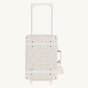 Olli Ella See-Ya Suitcase with a Leafed Mushroom print with handle extended pictured on a plain background