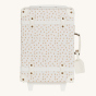 Olli Ella See-Ya Suitcase with a Leafed Mushroom print with handle down pictured on a plain background