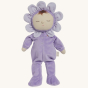 Olli Ella Dozy Dinkum Doll - Lavender Pickle in a soft velvet petal lavender onsie, sleepy eyes and a brown tuft of hair, on a cream background