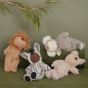 Collection of mini cozy dinkums including lion, zebra, koala and piggy lying on a green cushion on a green coloured background