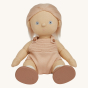 Olli Ella Petal poseable, soft bodied, light haired, Dinkum Doll sitting down pictured on a plain coloured background 