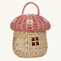 Olli Ella Mushroom Rattan basket with a spotted pink mushroom cap, a door, and windows.