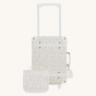 Olli Ella See-Ya Wash Bag with a Leafed Mushroom print next to the matching suitcase pictured on a plain background 