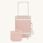 Olli Ella See-Ya Wash Bag with a Pink Daisies print next to matching suitcase pictured on a plain background