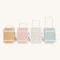 Collection of the four new Olli Ella Kids See-Ya Suitcases showing different handle heights pictured on a plain background