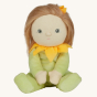 Olli Ella Dinky Dinkum Blossom Buds - Sunny Sunflower, front view showing long light brown hair with a yellow hair clip