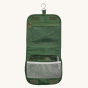 Olli Ella See-Ya Wash Bag in Forest Green Inside view showing compartments, velcro fastenings and hanging hook