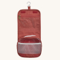Olli Ella See-Ya Washbag in Sweetheart Red design showing inside compartments, velcro fastenings and hanging hook