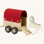 Ostheimer wooden horse box with red roof, with the ramp door down and a horse figure going up the ramp
