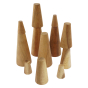 Papoose eco-friendly wooden stacking cones toy set scattered on a white background
