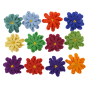 12 Papoose handmade felt goethe aster flower toys lined up rows on a white background