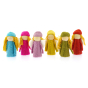 6 Papoose bright rainbow elf toy figures stood in a row on a white background