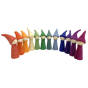 Papoose handmade felt rainbow gnome figures stood in a semi circle on a white background