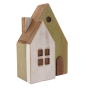 Papoose handmade green and white wooden house toy on a white background