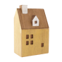 Close up of a yellow house from the Papoose wooden toy town houses play set on a white background