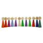 Papoose handmade wooden rainbow peg doll toy figures stood in an arch on a white background