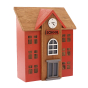 Close up of the Papoose childrens handmade wooden toy school on a white background