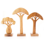 Papoose handmade wooden African tree toys lined up on a white background