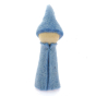 Papoose handmade felt rainbow gnome figure in light blue on a white background