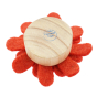 Close up of the wooden bottom on a Papoose handmade aster flower waldorf toy on a white background