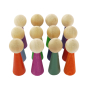 12 Papoose eco-friendly rainbow people peg dolls stood in rows on a white background