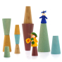Papoose natural and earth wooden cones stacked in random towers on a white background with some Ambrosius figures