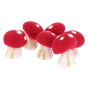 Group of Papoose handmade red and white felt mushrooms on a white background
