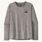 Patagonia Women's Long-Sleeved Capilene Cool Daily Graphic Shirt - Chouinard Crest / Feather Grey, showing a Chouinard Patagonia mountain logo on the front of the top.