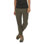 Patagonia Women's Happy Hike Studio Pants in Basin Green with side pockets and stretchy waist and ankle cuffs worn by a woman wearing a dark brown top and hiking boots on a white background