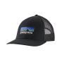 Patagonia adults recycled plastic P6 logo trucker hat in the black colour on a white background