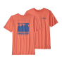 Front and back of the Patagonia kids regenerative organic cotton graphic t-shirt in coho coral on a white background
