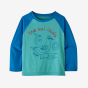 The Patagonia Little Kids Capilene® Cool Daily Crew - Real Locals: Iggy Blue X-Dye, a long sleeved top with royal blue sleeves and turquoise body. White background