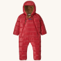Patagonia Little Kids Hi-Loft Down Sweater Bunting Snow Suit - Touring Red on a plain background.