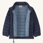 Unzipped Patagonia Little Kids Down Insulated Sweater Jacket on a plain background.