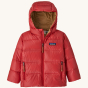 Patagonia Little Kids Hi-Loft Down Sweater Hoody Jacket - Touring Red on a plain background.
