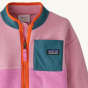Patagonia Little Kids Synchilla Fleece Jacket - Planet Pink on a plain background. Pocket, neck and zip detail.