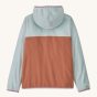 The back of the Patagonia Kids Micro-D Hooded Fleece Jacket. Fleece jacket shown is light blue with orange 
