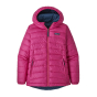 Patagonia mystic pink recycled polyester double sided waterproof childrens coat on a white background